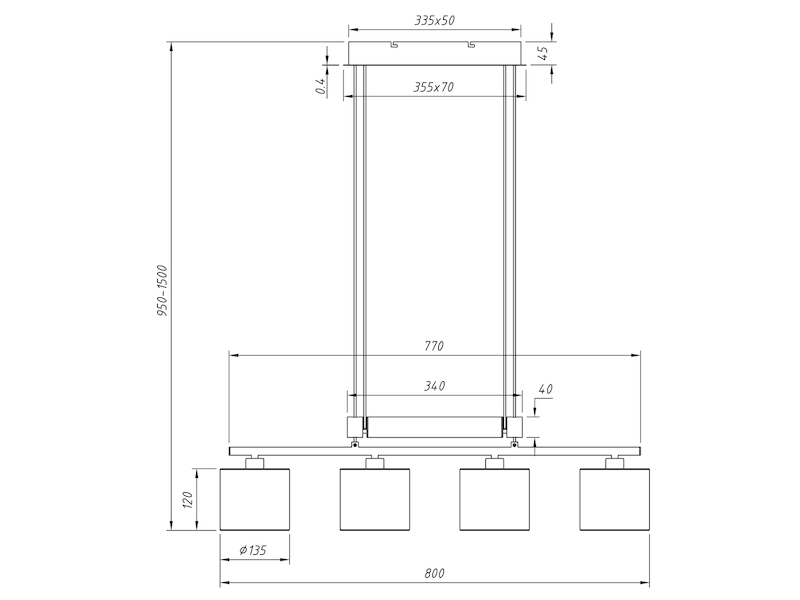 LED Pendelleuchte 4-flammig Grau höhenverstellbar mit Stoffschirmen, B: 77cm
