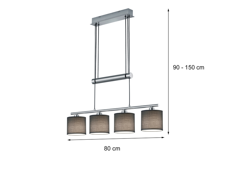LED Pendelleuchte 4-flammig Grau höhenverstellbar mit Stoffschirmen, B: 77cm