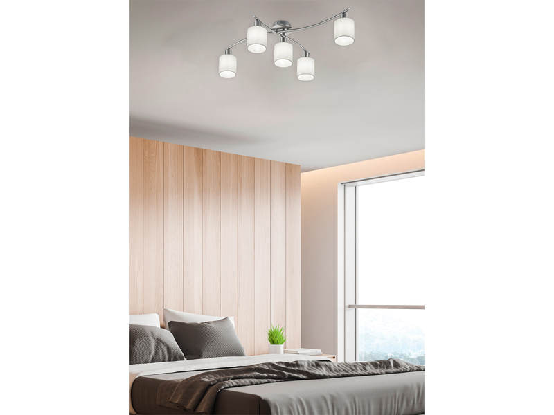 5 flammige LED Deckenleuchte mit Stoffschirmen Weiß - Arm schwenkbar, B: 80cm