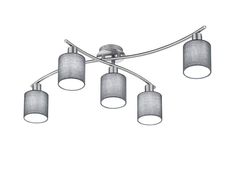 5 flammige LED Deckenleuchte mit Stoffschirmen Grau - Arm schwenkbar, B: 80cm