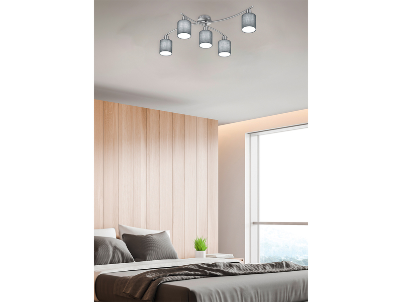 5 flammige LED Deckenleuchte mit Stoffschirmen Grau - Arm schwenkbar, B: 80cm