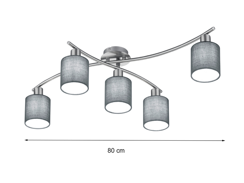 5 flammige LED Deckenleuchte mit Stoffschirmen Grau - Arm schwenkbar, B: 80cm