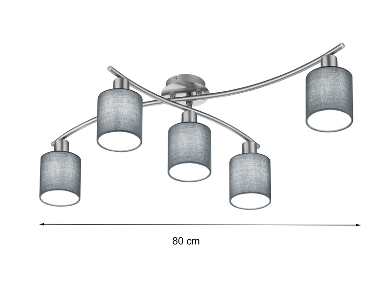 5 flammige LED Deckenleuchte mit Stoffschirmen in Grau - Arm schwenkbar