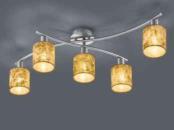 5 flammige LED Deckenleuchte mit Stoffschirmen Gold - Arm schwenkbar, B: 80cm