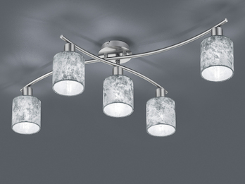 5-flammige LED Deckenleuchte mit Stoffschirmen in Silber, Breite 80cm