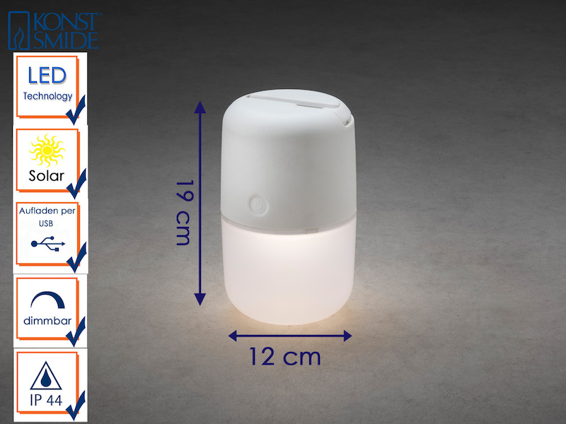 Solar LED Leuchte ASSISI mit 3-Stufen Dimmer & USB-Kabel, IP44, Weiß