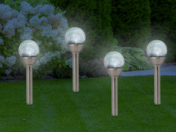 4 LED Solarleuchten Kugel mit Erdspieß, Edelstahl, Dämmerungssensor, Höhe 34 cm