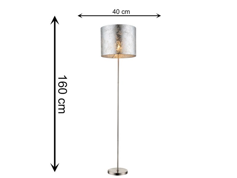 LED Stehlampe mit Stoff Lampenschirm silberfarbig, Höhe 160cm