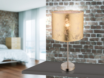 Große Design Tischlampe AMY mit Stofflampenschirm goldfarbig, Höhe 50cm