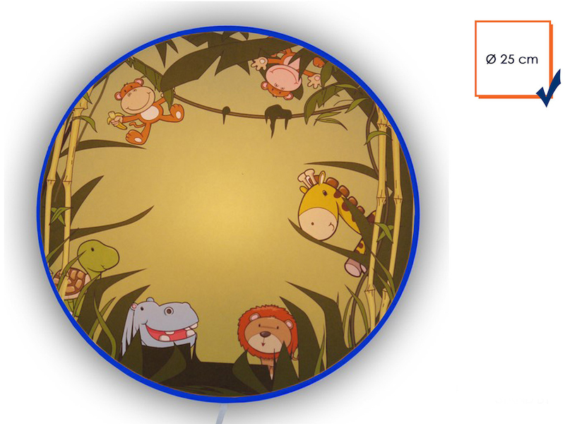 LED Kinderzimmer Wandlampe Gelb Grün mit wilden Tieren, Ø25cm