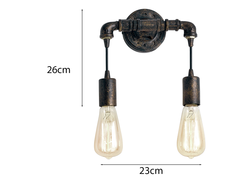 Ausgefallene Wandleuchte AMARCORD 2-flammig in Wasserrohr Optik, Rost, Höhe 26cm