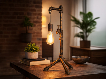 Große Tischleuchte AMARCORD in Wasserrohr Optik, Rost, Höhe 61cm