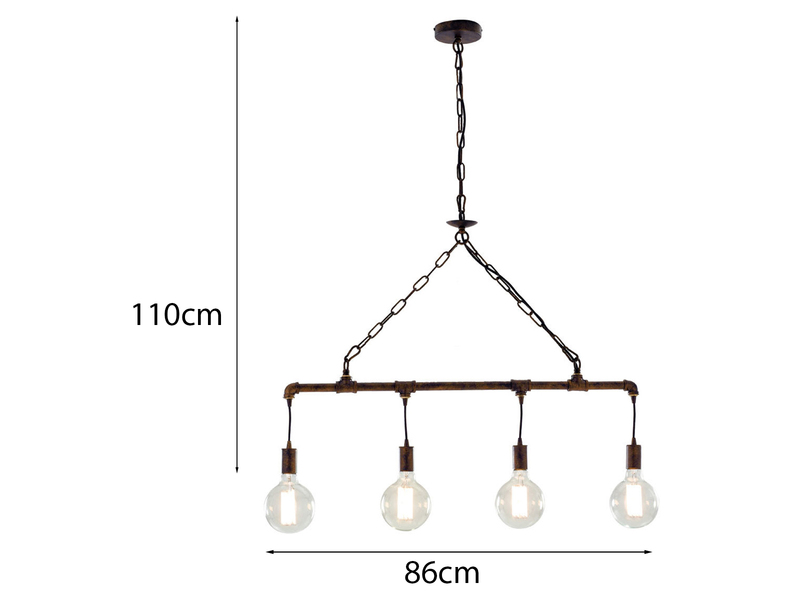 Pendelleuchte AMARCORD 4-flammig Wasserrohr Optik in Rost, Breite 86cm