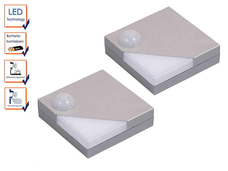 2er Set LED Schrankleuchten mit Bewegungs- & Dämmerungssensor, Quadrat 9,2cm