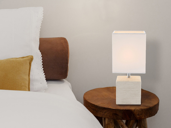 LED Tischleuchte eckig Weiß mit Keramikfuß und Stoffschirm, Höhe 29cm