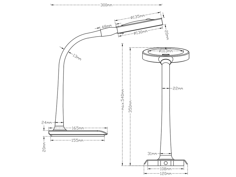 Flexible LED Schreibtischlampe LUPO schwarz mit Lupe, 3-fach Dimmer