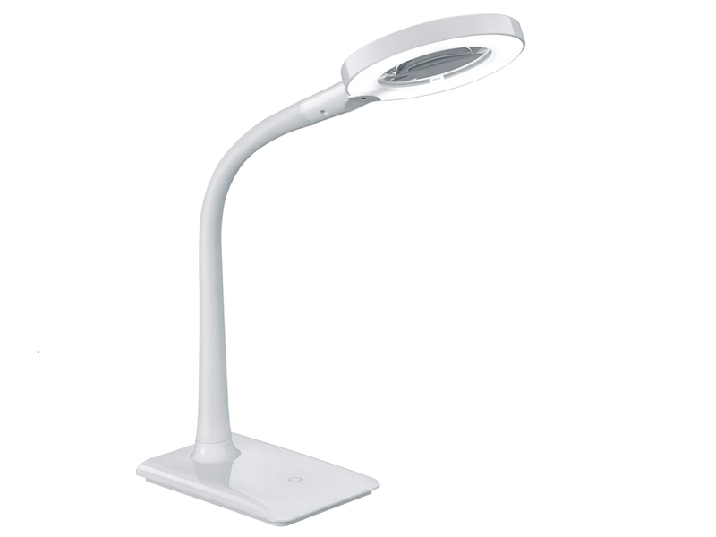 Flexible LED Schreibtischlampe LUPO weiß mit Lupe, 3-fach Dimmer
