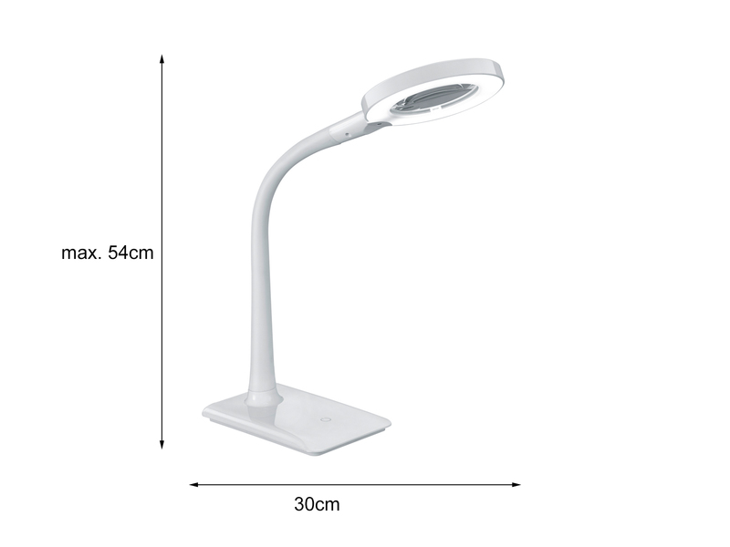 Flexible LED Schreibtischlampe LUPO weiß mit Lupe, 3-fach Dimmer