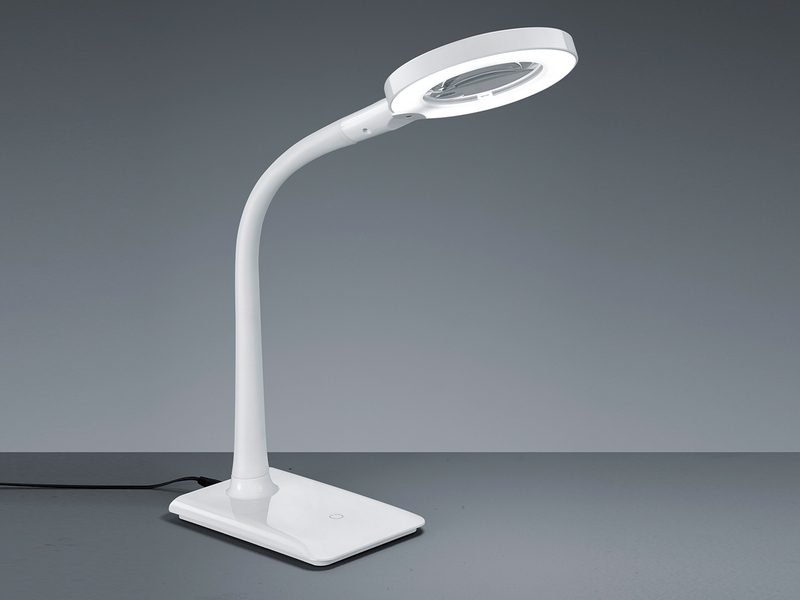 Flexible LED Schreibtischlampe LUPO weiß mit Lupe, 3-fach Dimmer