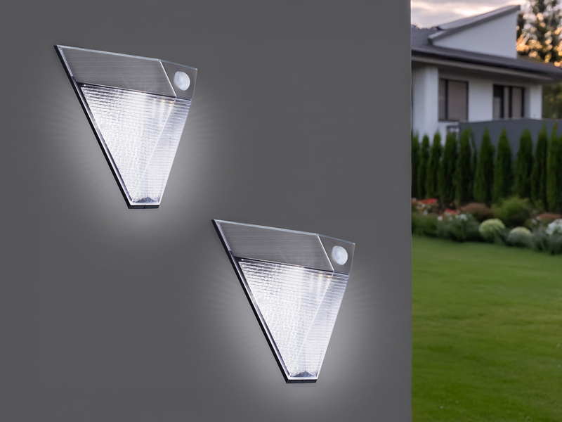 Dreieckige LED Solar Außenleuchte, Bewegungsmelder, Edelstahl, Downlight, IP43