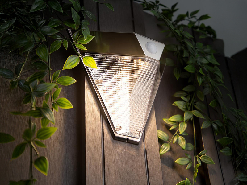 2er Set Dreieckige LED Solar Außenleuchte, Bewegungsmelder, Edelstahl, Downlight