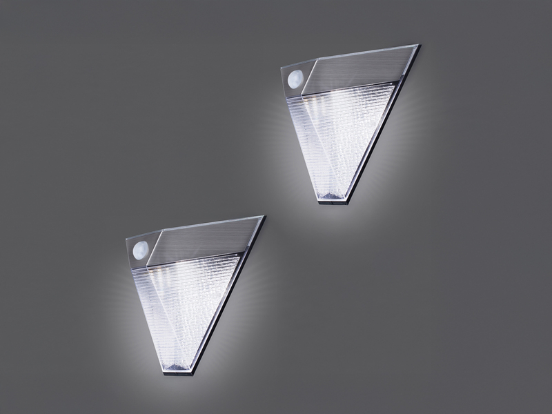 2er Set Dreieckige LED Solar Außenleuchte, Bewegungsmelder, Edelstahl, Downlight