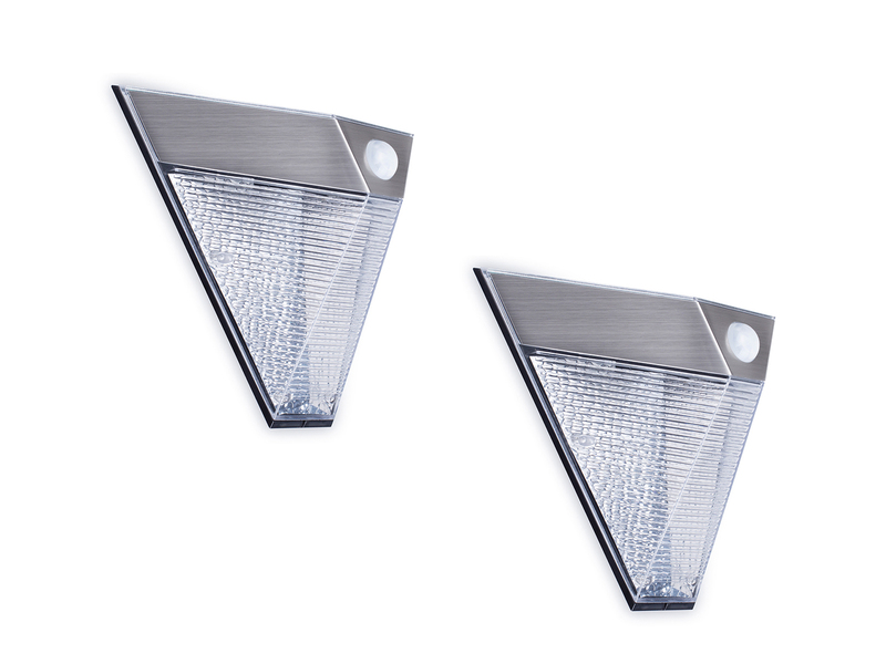 2er Set Dreieckige LED Solar Außenleuchte, Bewegungsmelder, Edelstahl, Downlight