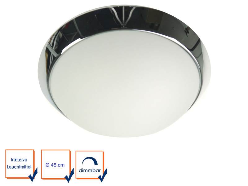 3x LED Deckenleuchte / Deckenschale rund, Opalglas matt, Dekorring Chrom, Ø 45cm