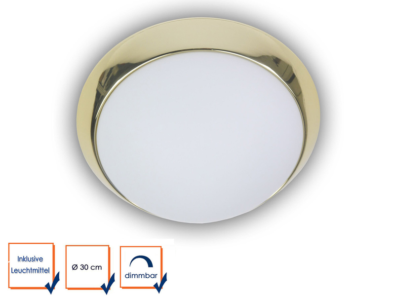 LED Deckenleuchte Deckenschale Opalglas matt, Dekorring Messing poliert, Ø 30cm