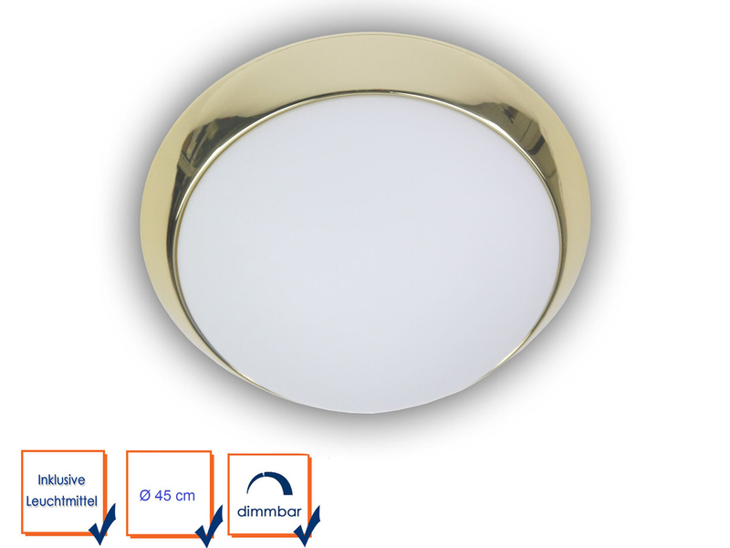 LED Deckenleuchte Deckenschale Opalglas matt, Dekorring Messing poliert, Ø 45cm