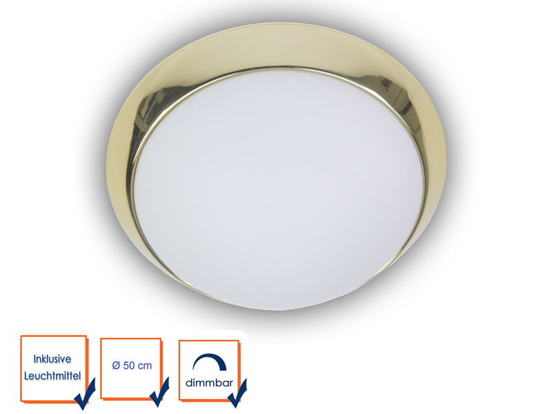 LED Deckenleuchte Deckenschale Opalglas matt, Dekorring Messing poliert, Ø 50cm