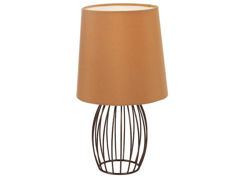LED Tischleuchte AKIN mit braunem Stoffschirm und Metallgitter, Höhe 29cm
