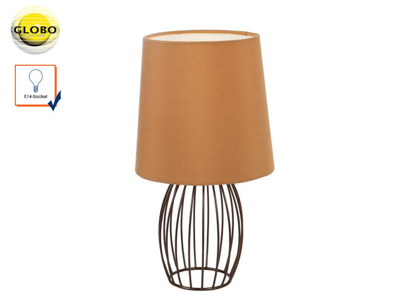 LED Tischleuchte AKIN mit braunem Stoffschirm und Metallgitter, Höhe 29cm