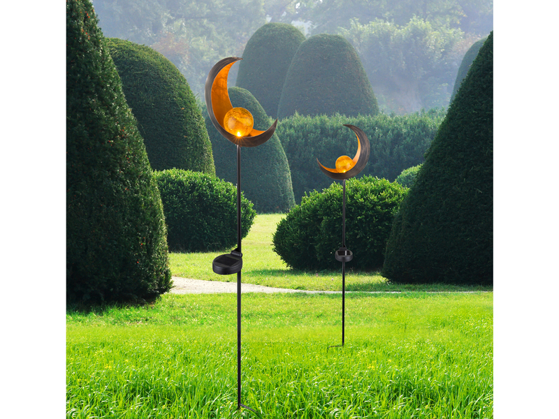 Solarleuchte Mond mit Erdspieß, Metall Bronze & Crackleglas Kugel, Höhe 90cm