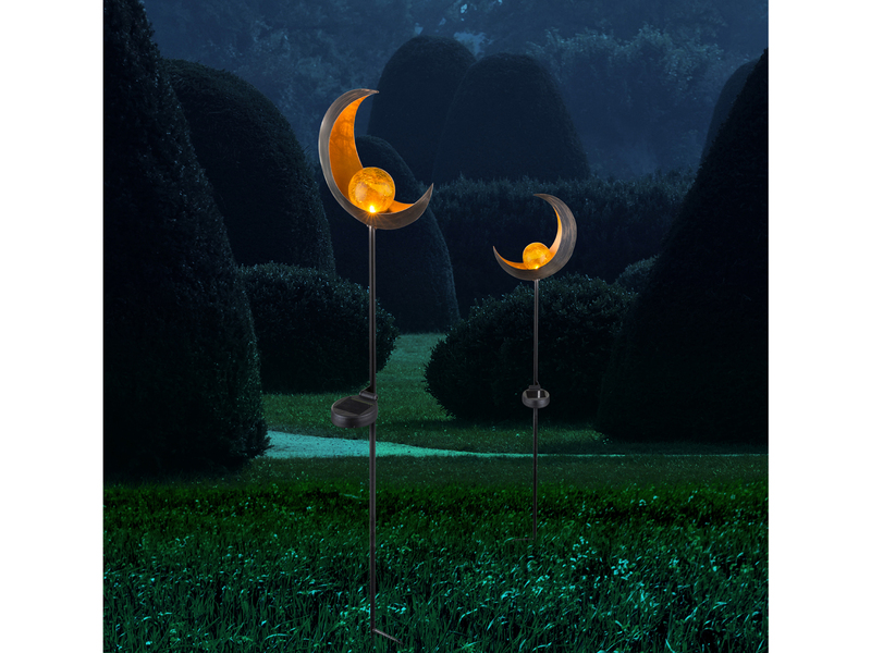 Solarleuchte Mond mit Erdspieß, Metall Bronze & Crackleglas Kugel, Höhe 90cm