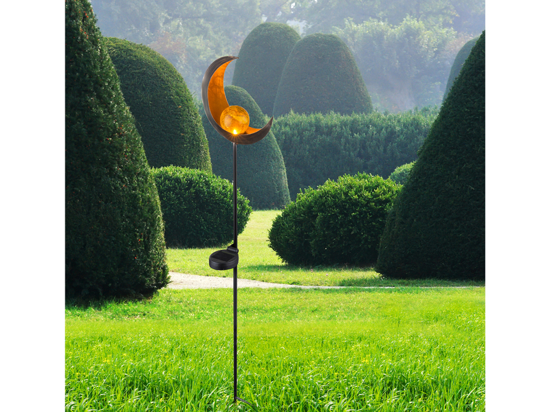 Solarleuchte Mond mit Erdspieß, Metall Bronze & Crackleglas Kugel, Höhe 90cm
