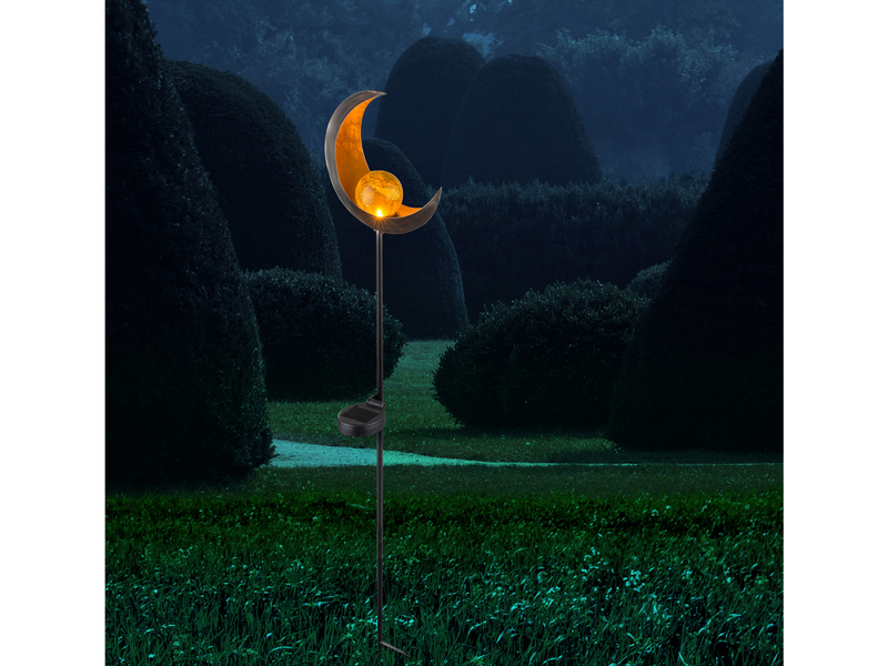 Solarleuchte Mond mit Erdspieß, Metall Bronze & Crackleglas Kugel, Höhe 90cm