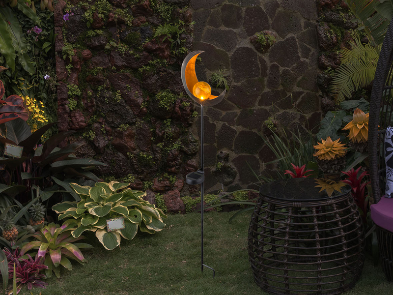 LED Solarleuchte Design Mond, Metall bronzefarben mit Glaskugel, Erdspießleuchte