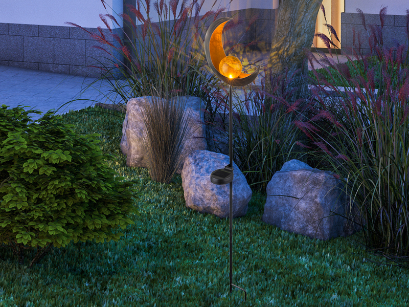 Solarleuchte Mond mit Erdspieß, Metall Bronze & Crackleglas Kugel, Höhe 90cm