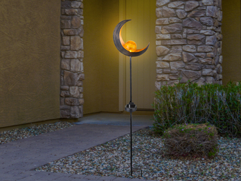 Solarleuchte Mond mit Erdspieß, Metall Bronze & Crackleglas Kugel, Höhe 90cm