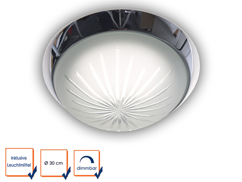 LED Deckenleuchte rund, Schliffglas satiniert, Dekorring Chrom, Ø 30cm