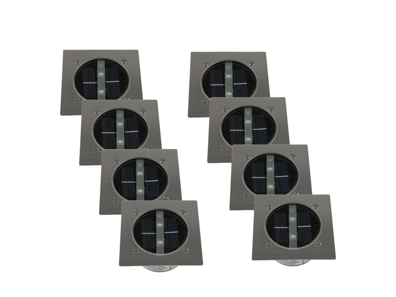 Solar LED Bodeneinbaustrahler 8er SET für Außen, Edelstahl 4-eckig 10x10cm, IP67