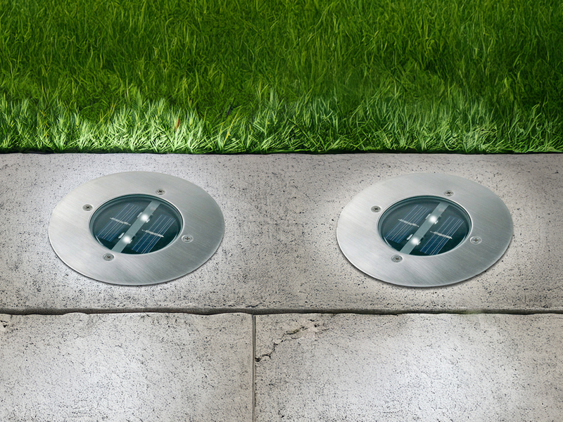 Solar LED Bodeneinbaustrahler 2er SET für Außen, Edelstahl rund Ø14cm IP67