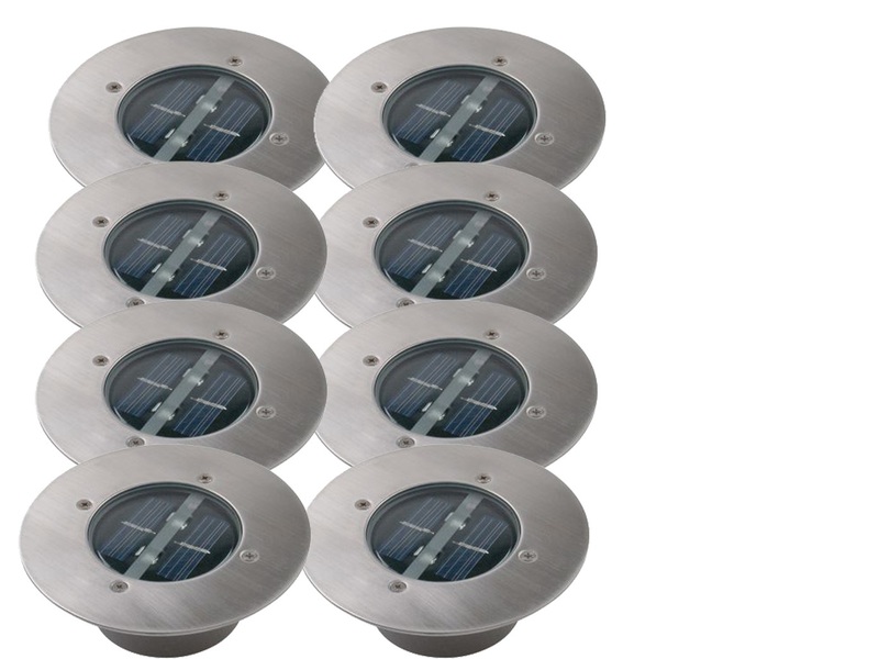 Solar LED Bodeneinbaustrahler 8er SET für Außen, Edelstahl rund Ø14cm IP67