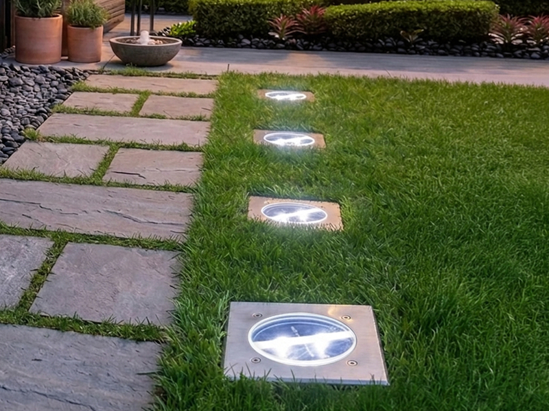 Solar LED Bodeneinbaustrahler 4er SET für Außen, Edelstahl 4-eckig 10x10cm, IP67