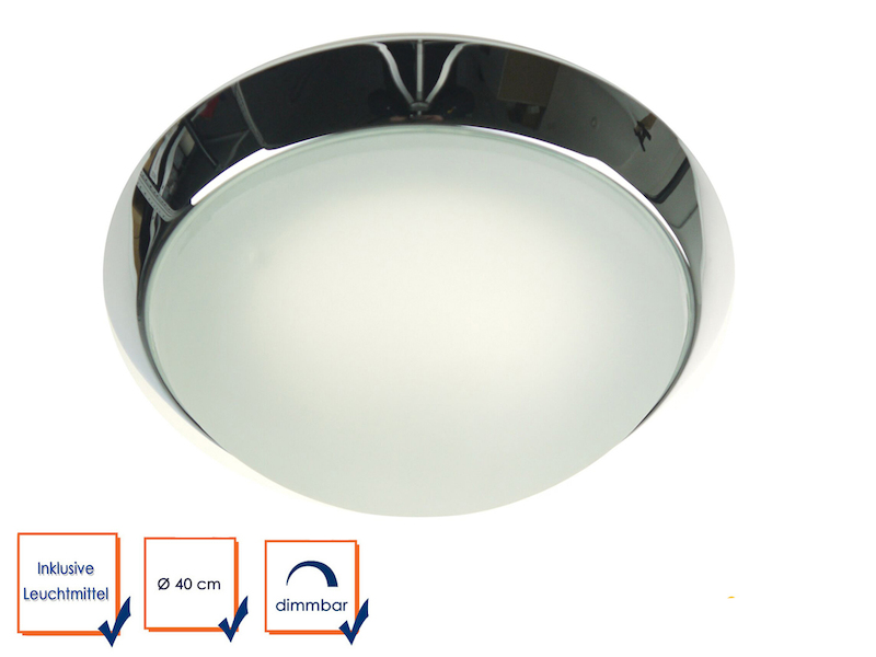 LED Deckenleuchte rund, Glas satiniert mit Klarrand, Dekorring Chrom, Ø 35cm