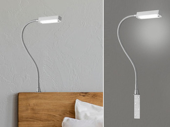 LED Bettlampe RAIK Silber zum Anschrauben, mit Stecker, dimmbar, Breite 3cm