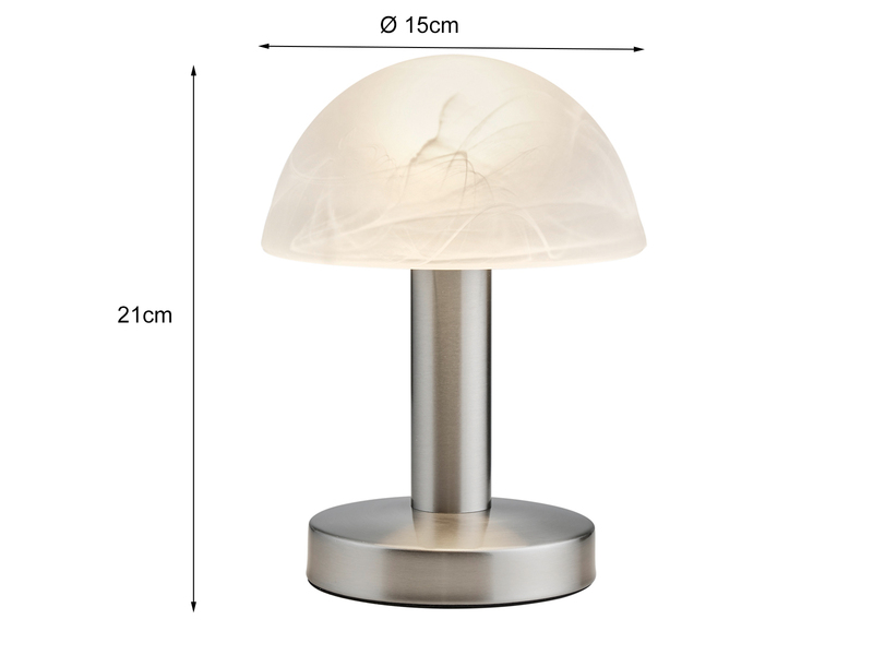 Tischleuchte Silber mit Glasschirm Weiß, Touch dimmbar mit E14 LED, Höhe 21cm