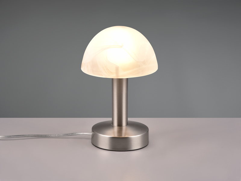 Tischleuchte Silber mit Glasschirm Weiß, Touch dimmbar mit E14 LED, Höhe 21cm
