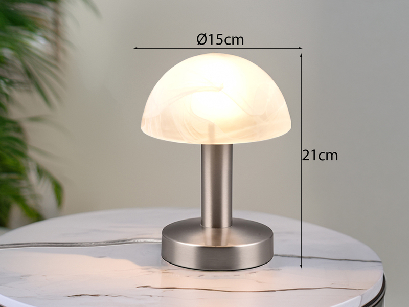 Tischleuchte Silber mit Glasschirm Weiß, Touch dimmbar mit E14 LED, Höhe 21cm